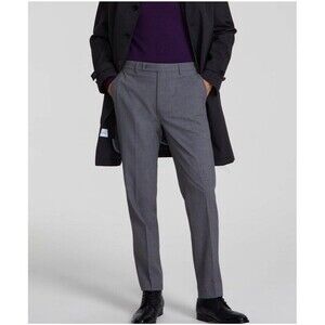 Calvin Klein Grey Check Stripe Stretch Slim Fit Tapered Flat Front Pant 34 X 30